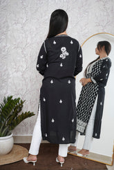 Black Modal Chikankari Long Straight Kurta